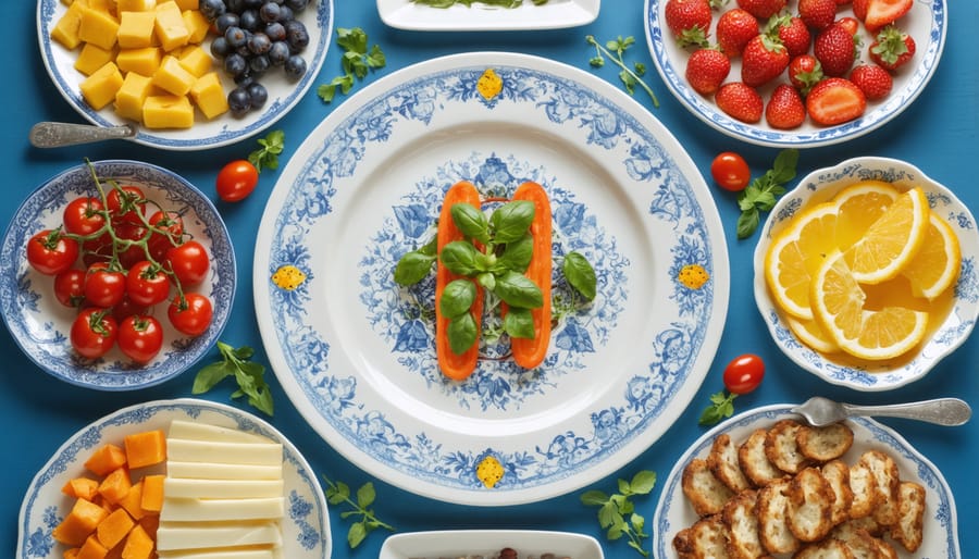 Jewish Passover Seder plate displaying ceremonial items including bitter herbs, charoset, egg, and lamb shank bone