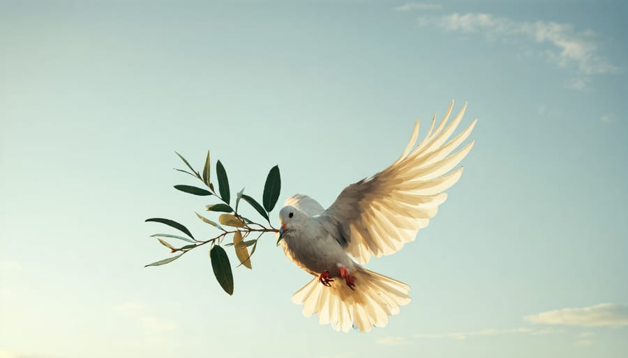 White dove carrying an olive branch symbolizing peace and reconciliation