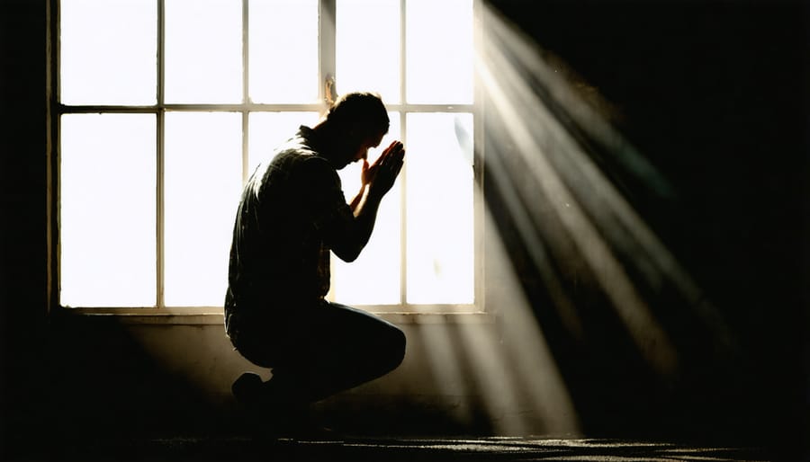 Silhouette of person in prayer with sunlight symbolizing God's presence