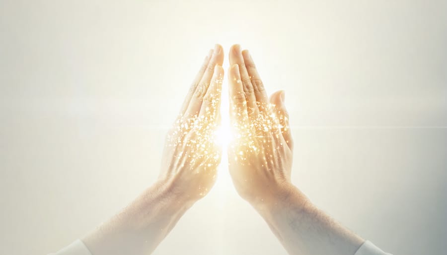 Praying hands surrounded by soft, peaceful light representing spiritual healing