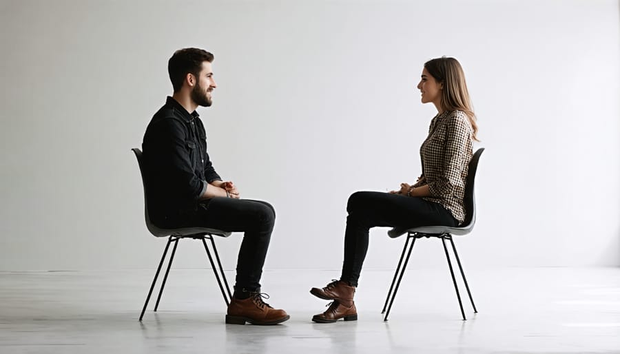 Two individuals engaged in respectful dialogue demonstrating healthy conflict resolution