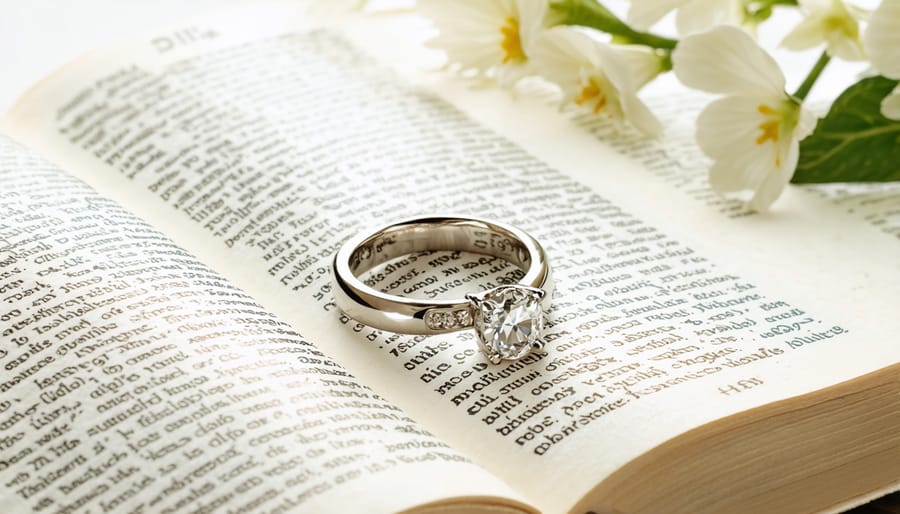 Two wedding bands placed on an open Bible displaying Scripture about marriage