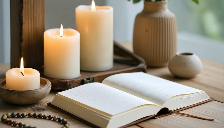 Peaceful journaling space featuring journal, candle, prayer beads, and devotional items