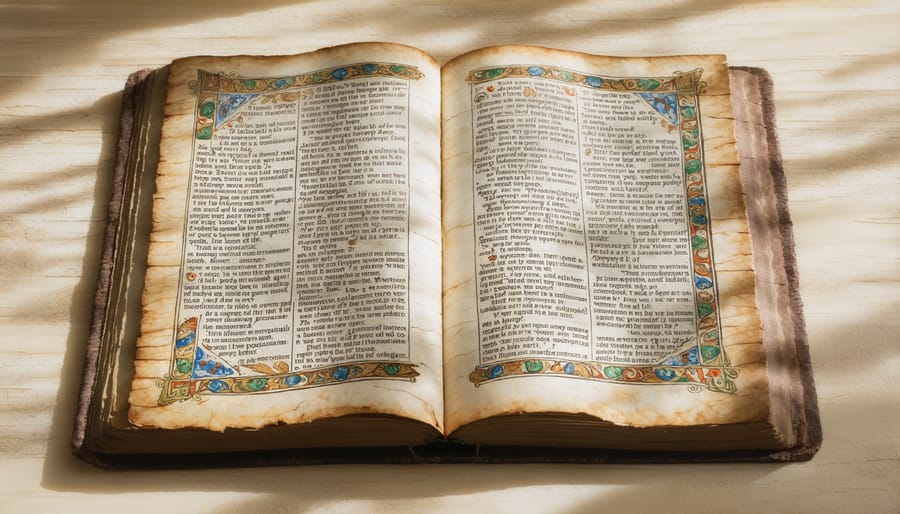 Historical Catholic manuscript displaying biblical text and traditional teachings side by side