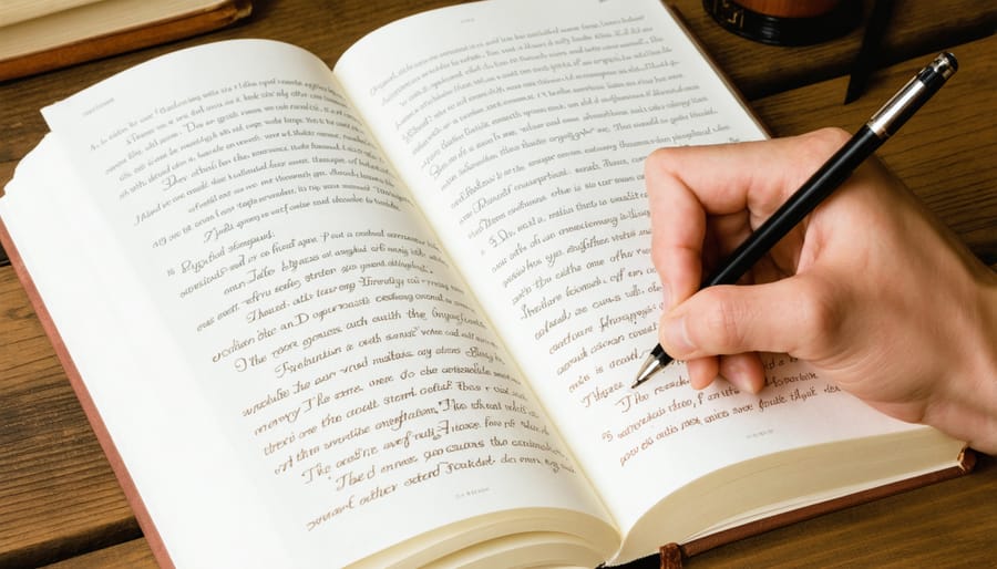 Person's hand writing in journal with highlighted Bible verse visible in frame