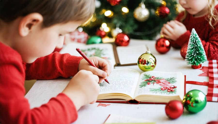 Kids crafting colorful Christmas ornaments featuring written Scripture verses and religious symbols