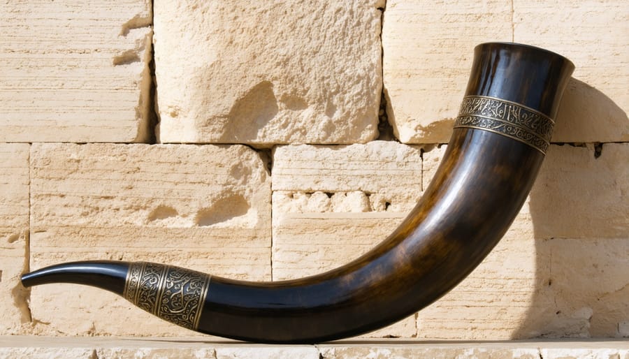 Traditional ram's horn (shofar) with the old city of Jerusalem walls in the background