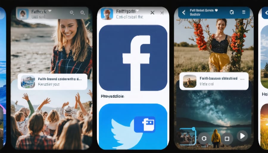 Multiple screens displaying Christian content across different social media platforms