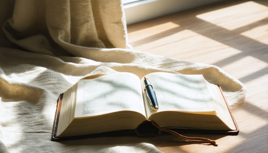 Spiritual journal open on wooden desk with Bible, pen, and warm sunlight streaming through window