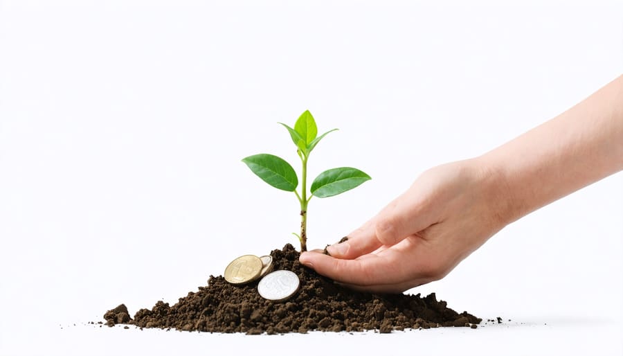 Hands tending to a plant growing from coins, symbolizing biblical stewardship