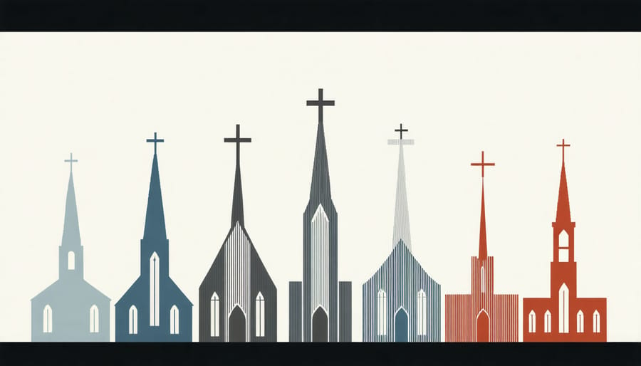 Artistic blend of different Christian church architectural styles symbolizing unity in diversity