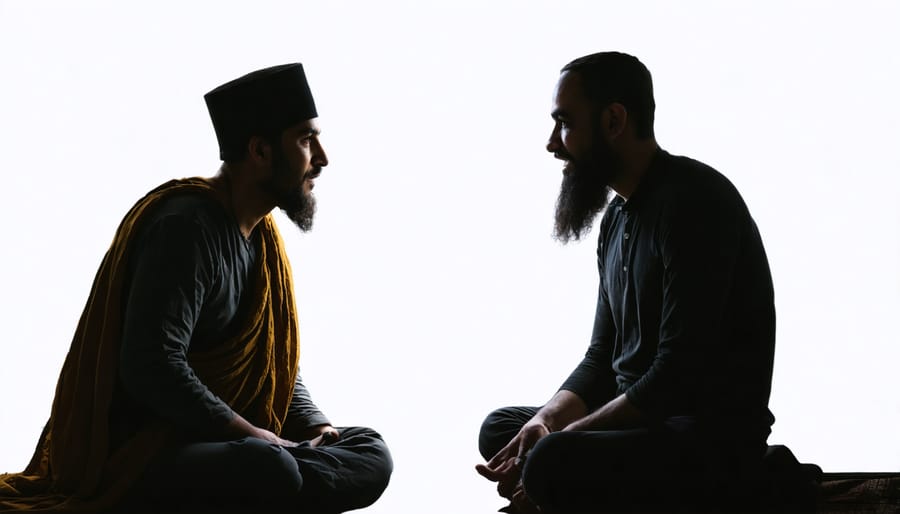 Interfaith dialogue showing active listening between two people of different religious backgrounds