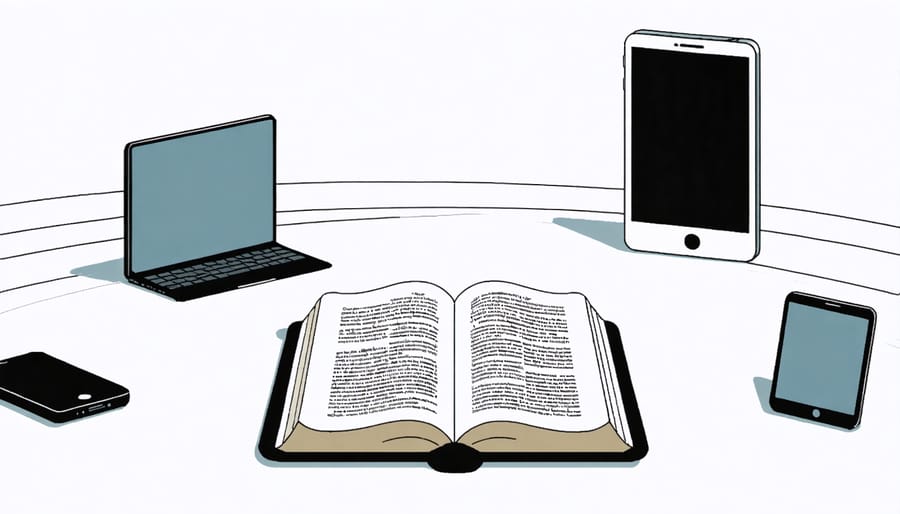 Bible in focus with smartphones and tablets displaying social media feeds in soft blur behind