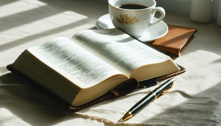 Bible study setup with journal, pen, and coffee on a wooden desk