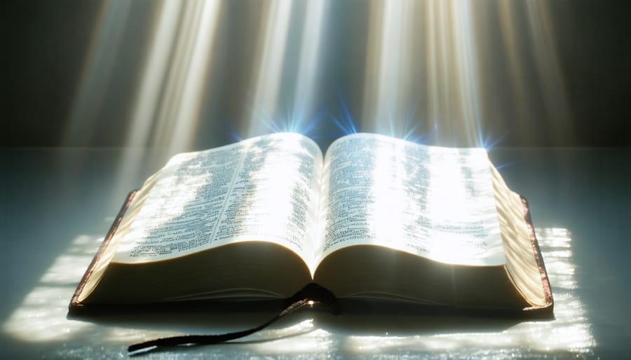 Bible open to scripture with divine light emanating from its pages