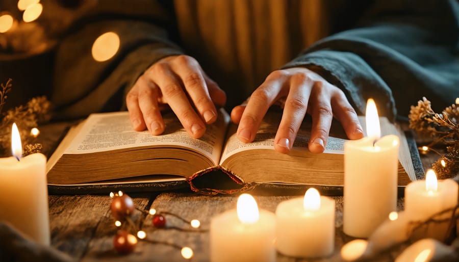 Open Bible illuminated by candlelight with hands in peaceful meditation