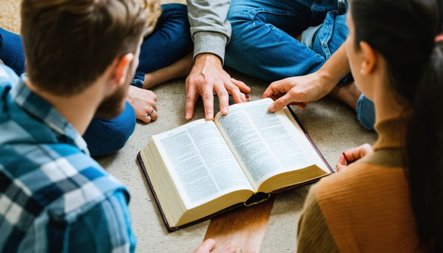 Small group Bible study with diverse participants engaged in discussion