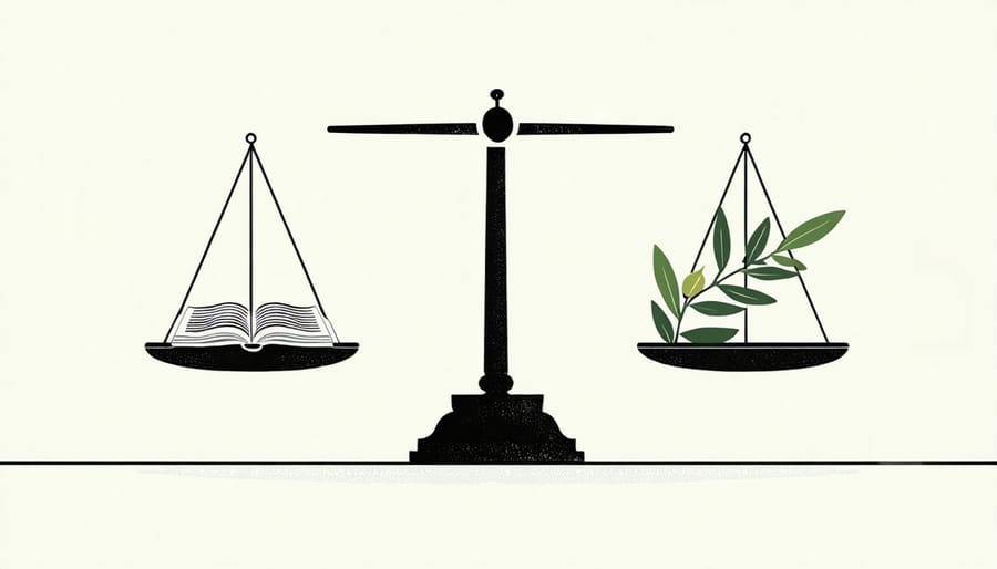 Balanced scale with Bible and olive branch representing Christian compromise