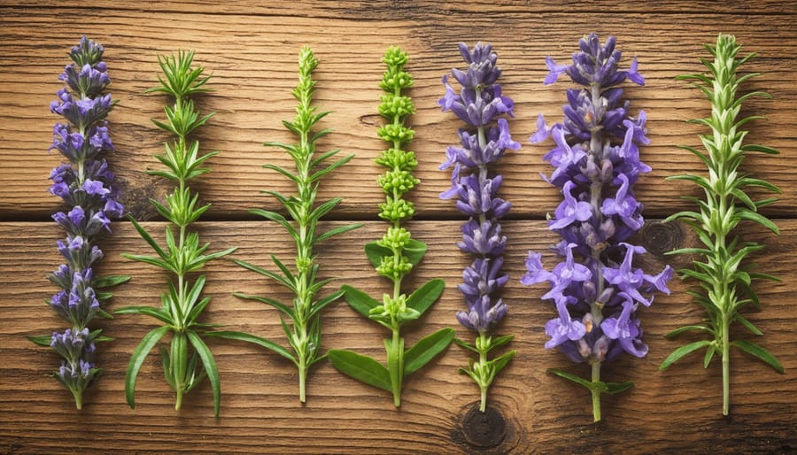 Biblical healing herbs and plants arranged on weathered wood