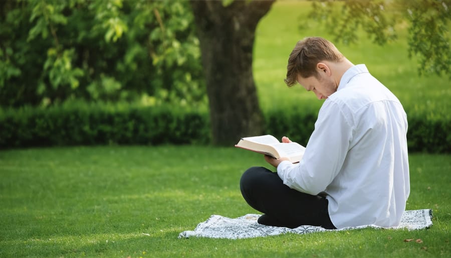 Individual meditating on Scripture in a serene outdoor environment