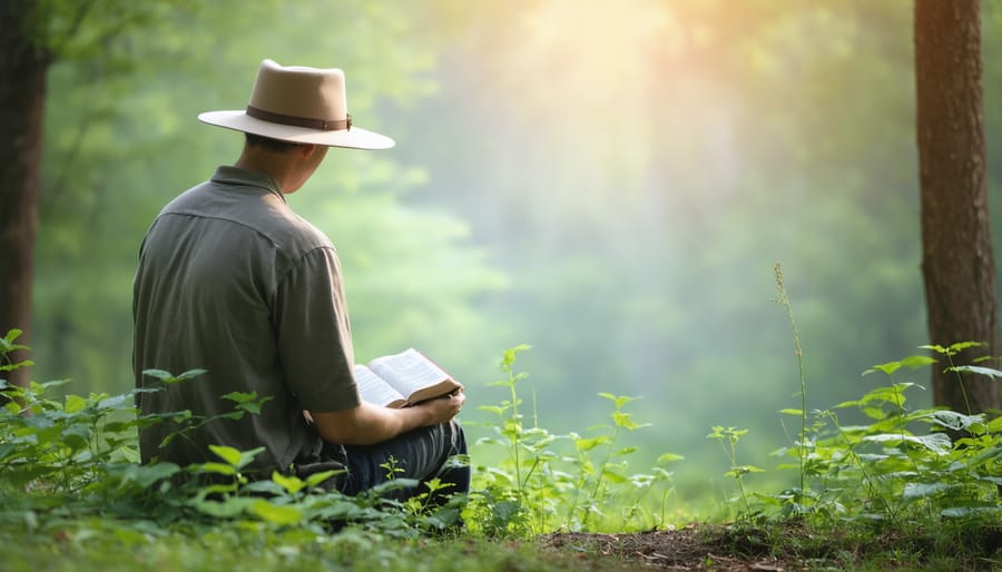 Individual finding peace through Bible study in a serene outdoor setting