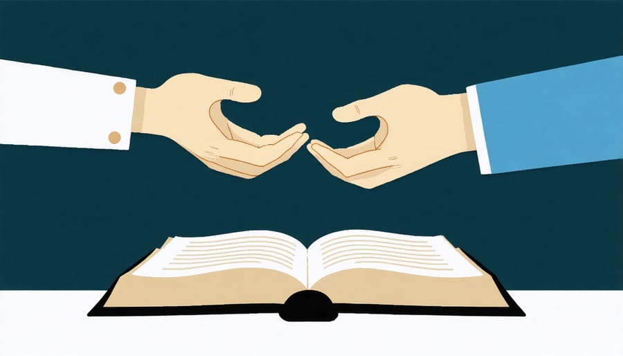 Two diverse hands reaching for reconciliation with an open Bible in the background