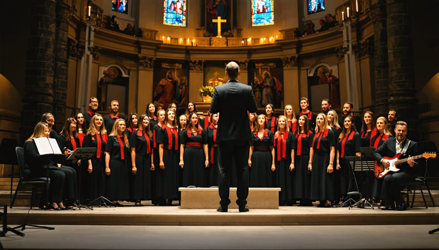 Contemporary worship team with instruments performing with traditional choir, showing blend of old and new sacred music styles