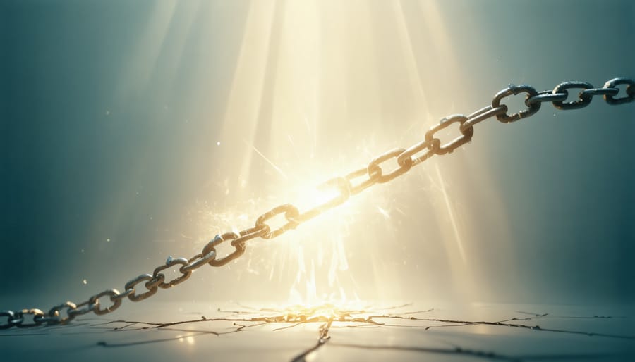 Broken chains with rays of light streaming through, representing spiritual freedom from addiction