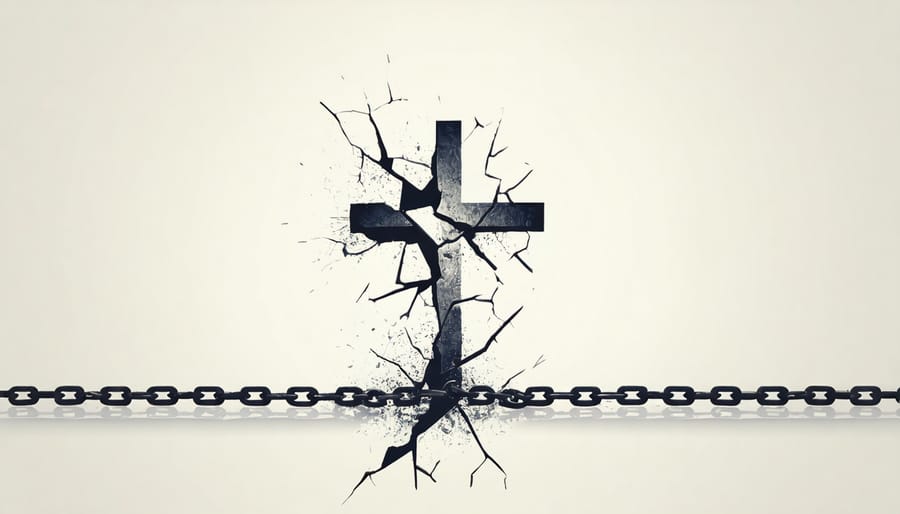 Broken chains illuminated by divine light with a cross symbolizing freedom through faith