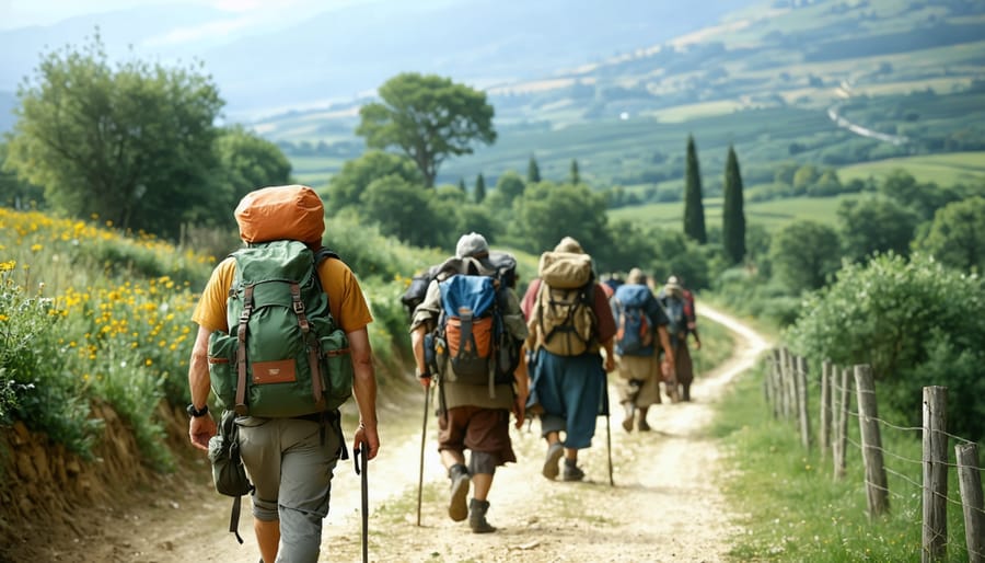 Group of modern pilgrims walking along the Camino de Santiago trail with scallop shells on their backpacks