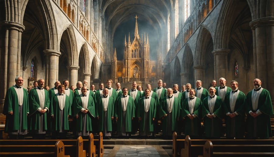 Church choir singing sacred music in a grand cathedral with stained glass windows