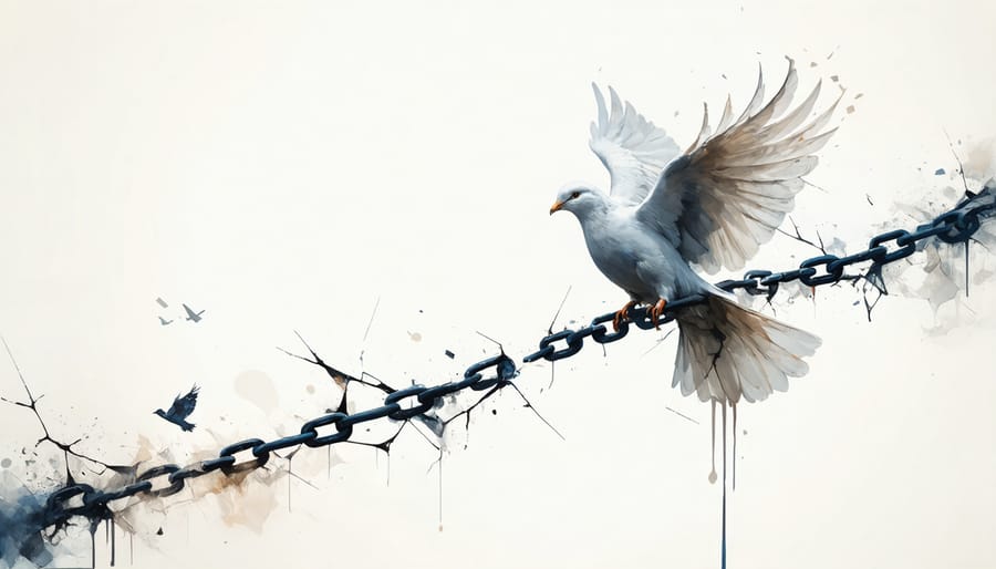 Symbolic image of chains breaking apart and transforming into white doves of freedom