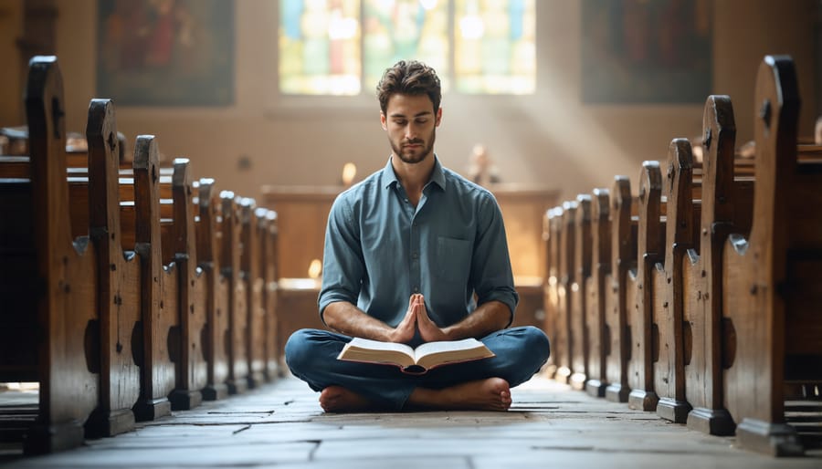 Christian practitioner meditating with an open Bible in a serene church setting