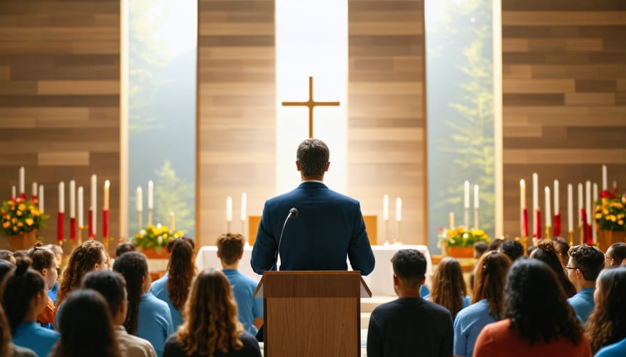 University leader delivering a message to diverse campus community in chapel