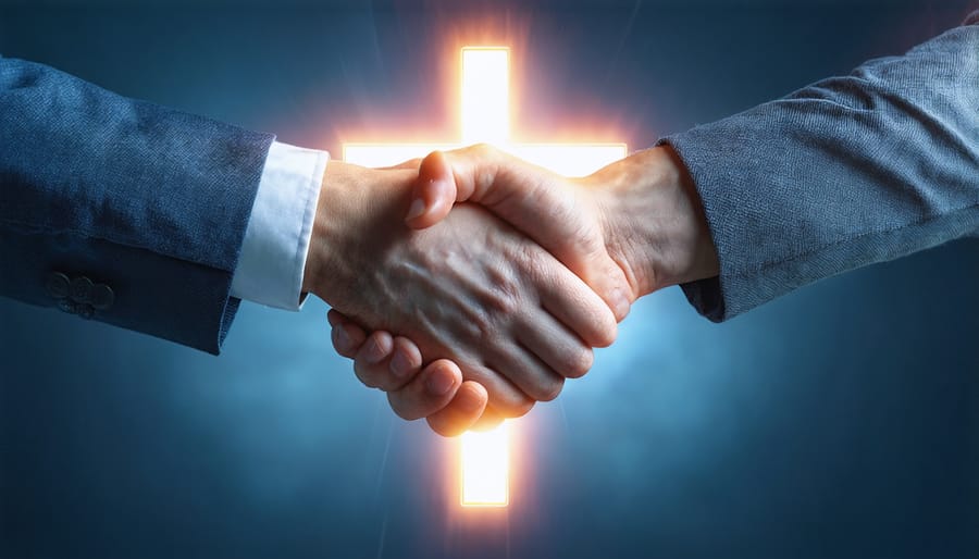 Christian collaboration symbolized by handshake with illuminated cross