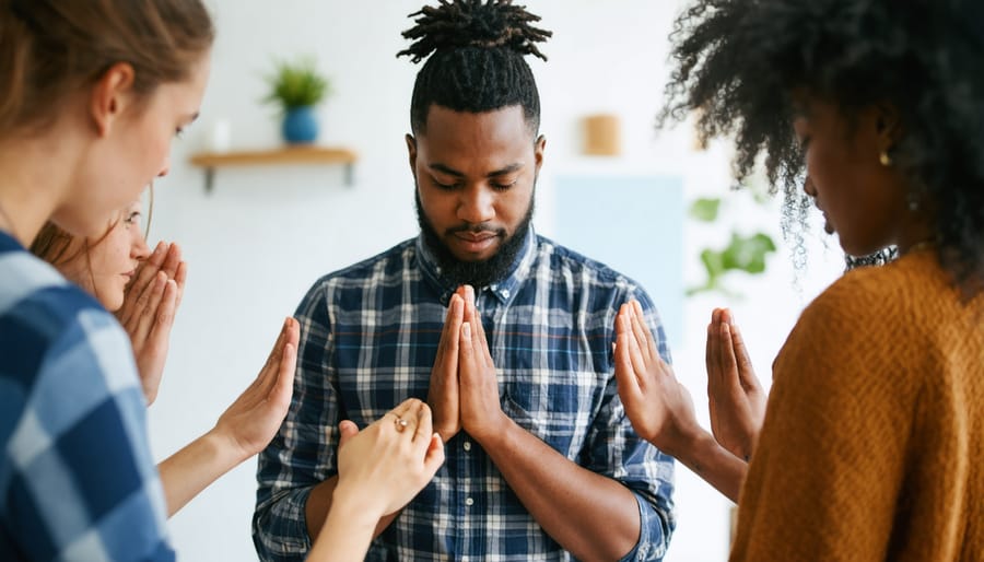 Christian community members praying and supporting each other in a small group