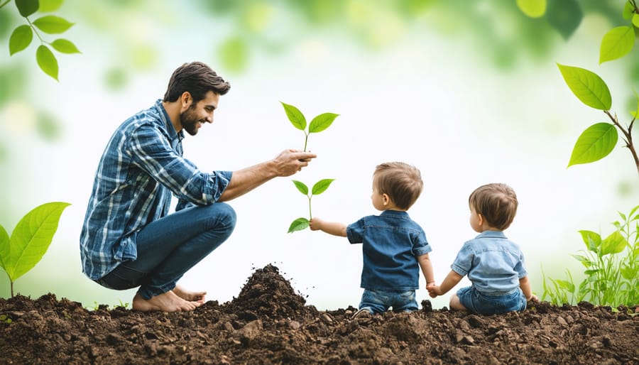 Family planting trees and tending to a community garden as part of creation care