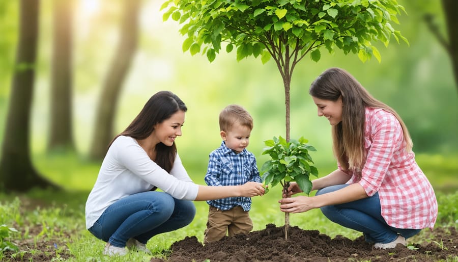 Family of four working together to plant a young tree in their backyard