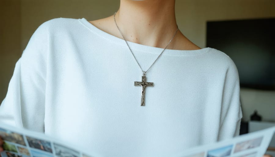 Young Christian adult browsing social media on tablet while wearing visible cross necklace