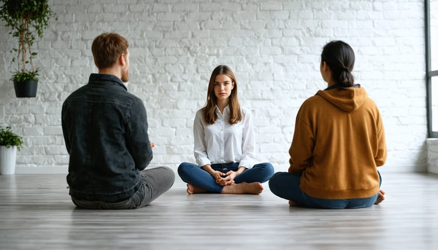 Christian mediation session with three people engaged in peaceful dialogue