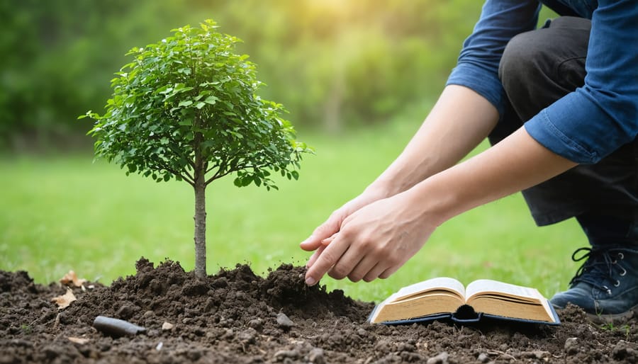 Christian volunteer planting a young tree while an open Bible rests on a nearby stump