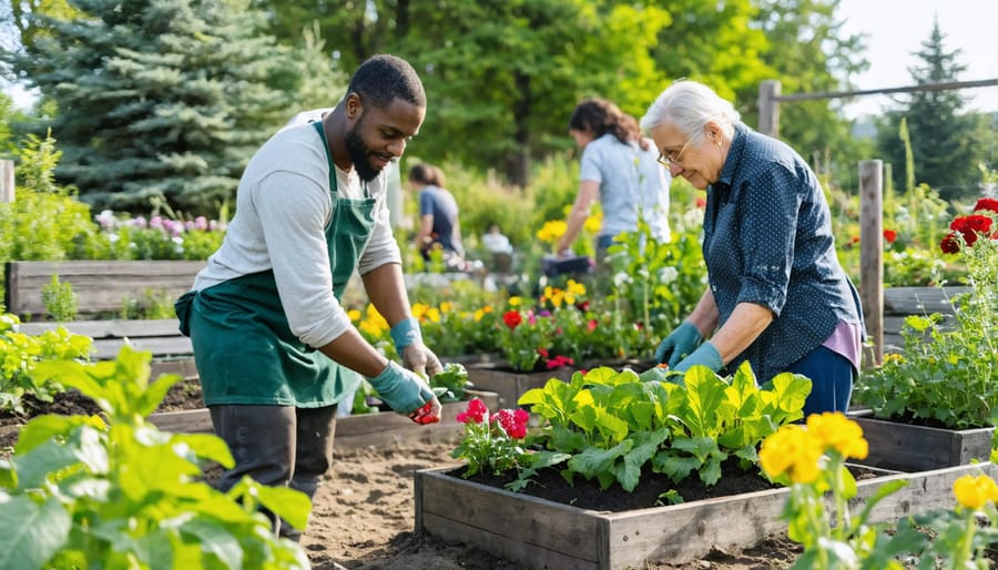 Diverse group of church members tending to a community garden with solar panels visible in background