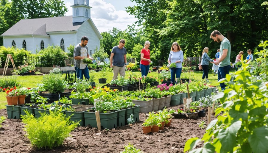 Christian community members tending to a church garden together