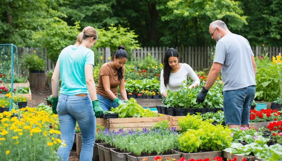 Multi-generational group of people tending to a church community garden