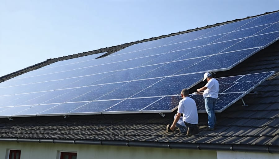 Group of church members working together to install solar panels on church roof