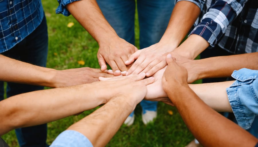 Diverse group praying together in unity, demonstrating community reconciliation