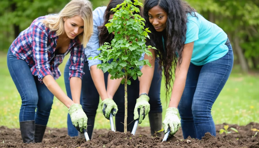 Multi-generational group of community members working together to plant trees