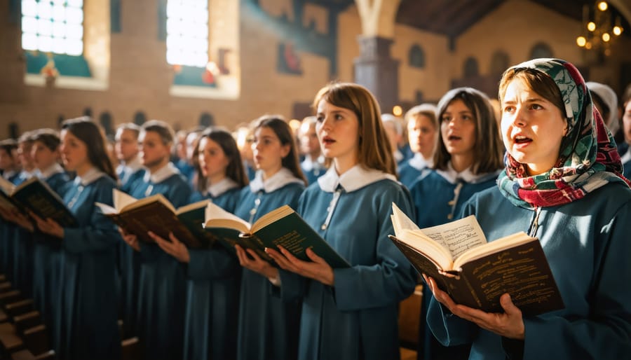 Diverse group of people holding hymnals and singing together in church