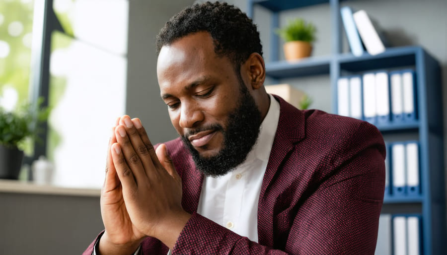 Counselor and client engaged in therapeutic prayer during a counseling session