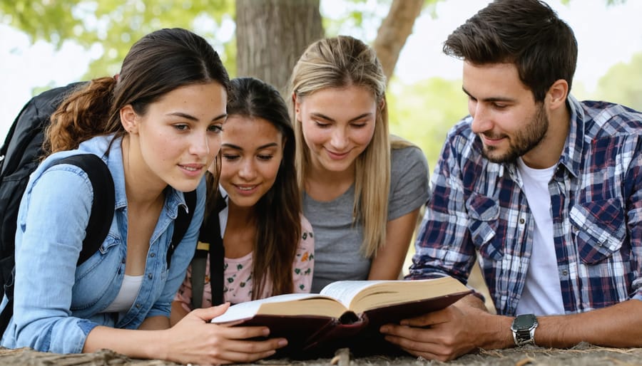 Multi-ethnic group of people gathered around an open Bible, engaged in discussion